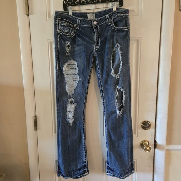 LA Idol Women Flare Jeans Bling Size 15 White Stitch Stretchy Distressed Y2K - Picture 1 of 8